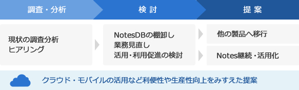 調査・分析：現状の調査分析・ヒアリング、検討：NotesDBの棚卸し・業務見直し・活用・利用促進、提案：他の製品へ移行、Notes継続・活用化。クラウド・モバイルの活用など利便性や生産性向上をみすえた提案