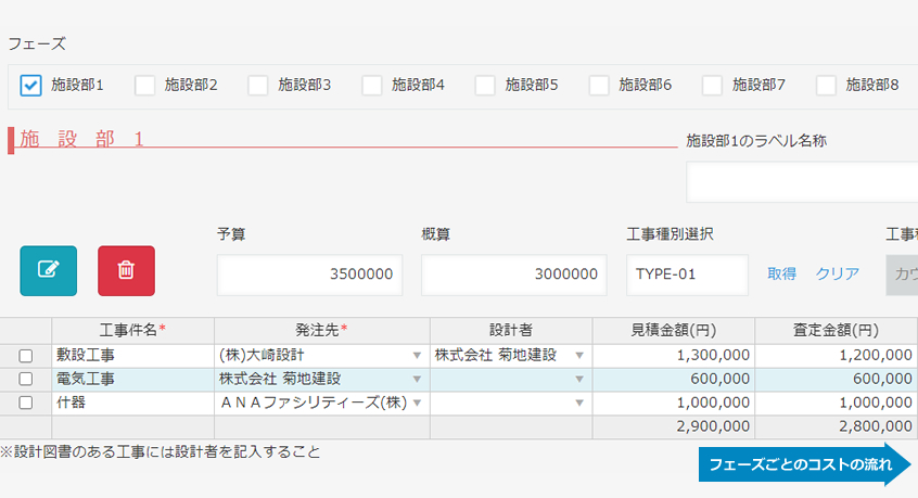 プロジェクトコストの入力画面