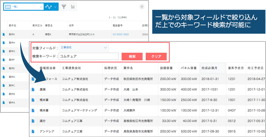 一覧から対象フィールドで絞り込んだ上でのキーワード検索が可能に